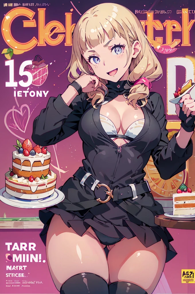 1 girl, small nose, very beautiful detailed face and eyes, bright colors, cute face, delicate beautiful face, Bright magenta eyes, cute eyes, sparkling eyes, Big eyes, (big breasts:1.3), (perky chest:1.1), (pointed chest:1.0), (cake magazine cover:1.3),highest quality, WorKs of masters, High resolution,BlacK color hair,shiny hair, side ponytail,hair between eyes,bangs, (black jacket, real clothes, cleavage, black skirts, black thighhighs, thigh strap, fingerless gloves, single glove:1.2) , spread legs, panties shot, medium hips, glamorous body, white skin, smile, thin pubric hair, super beautiful face, Super beautiful eyes, Super beautiful hair,trendy outfit,sexy and attractive,full body esbian, Real World, Natural light,perfect Natural light,(with sparkling eyes and a contagious smile), This masterpiece is not only visually stunning but also tells, make of cake cooking , in the kitchen, open mouth, looking at viewer,