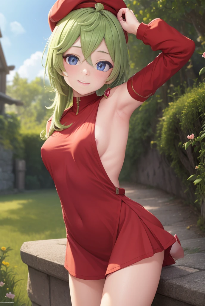 clay, blush, smile, Usual clothes, Red clothes, Red Hat, Combat Uniform, Primary school students, The back is very smal, ta, Small breasts, Show me your armpits, exterior: 14 youlder Bare, The clavicle is visible, Sexy thighs, Beautiful feet, Usual hairstyle, highest quality, High resolution, unity 8k wallpaper, (shape:0.8), (Beautiful and beautiful eyes:1.6), Highly detailed face, Perfect lighting, Extremely detailed CG, (Perfect hands, Perfect Anatomy),