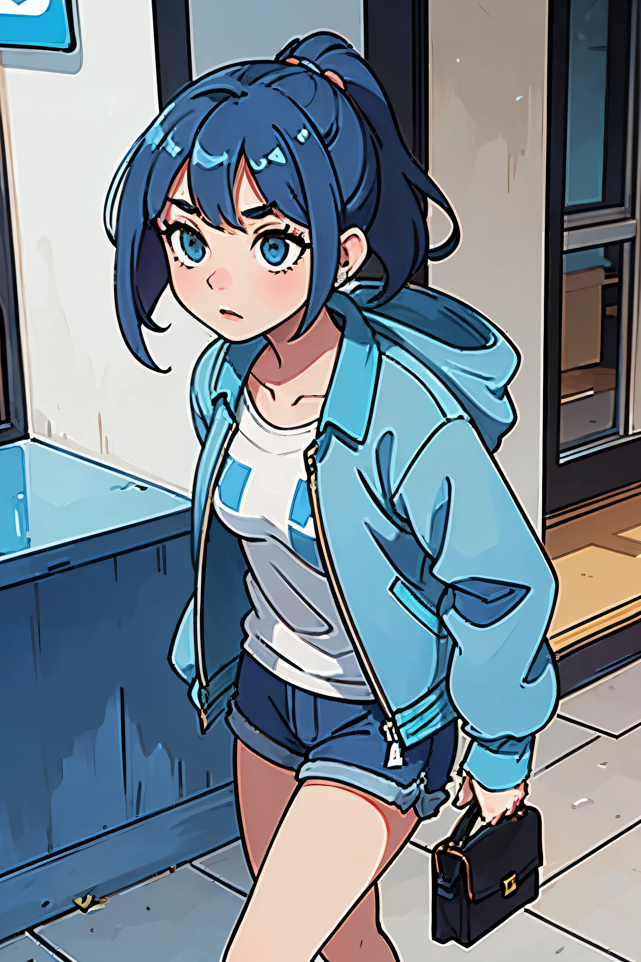 a girl with blue hair in a jacket and shorts walks down the street