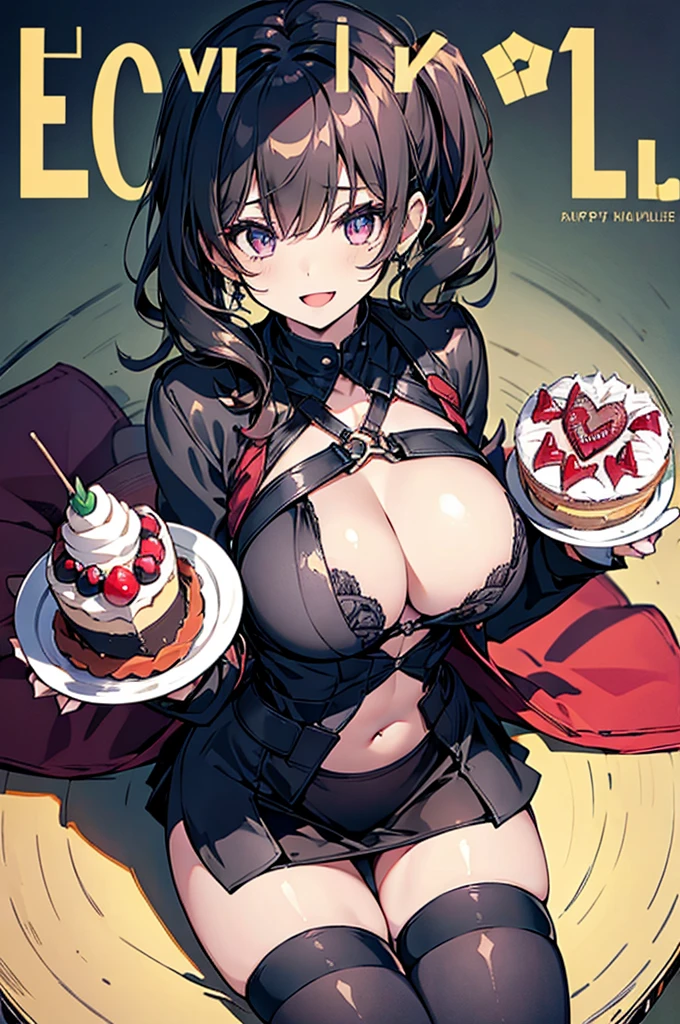 1 girl, small nose, very beautiful detailed face and eyes, bright colors, cute face, delicate beautiful face, Bright magenta eyes, cute eyes, sparkling eyes, Big eyes, (big breasts:1.3), (perky chest:1.1), (pointed chest:1.0), (cake magazine cover:1.3),highest quality, WorKs of masters, High resolution,BlacK color hair,shiny hair, side ponytail,hair between eyes,bangs, (black jacket, real clothes, cleavage, black skirts, black thighhighs, thigh strap, fingerless gloves, single glove:1.2) , spread legs, panties shot, medium hips, glamorous body, white skin, smile, thin pubric hair, super beautiful face, Super beautiful eyes, Super beautiful hair,trendy outfit,sexy and attractive,full body esbian, Real World, Natural light,perfect Natural light,(with sparkling eyes and a contagious smile), This masterpiece is not only visually stunning but also tells, make of cake cooking , in the kitchen, open mouth, looking at viewer,