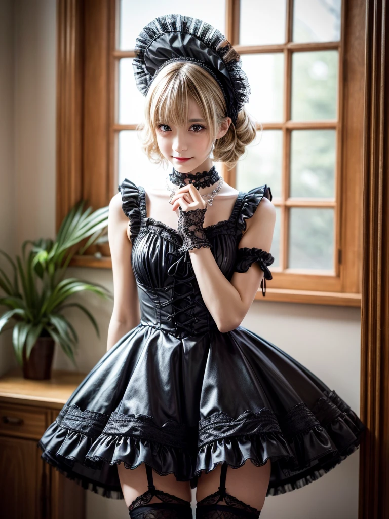 (expensive mansion interior background:1.2), <lora:marierose-nvwls-v1:0.8> doaMarie, twintails, x hair ornament, hair ribbon, choker, harness, black skirt, black dress, detached sleeves, black sleeves, platform boots, (blonde hair:1.3), light smile, thin waist, petite