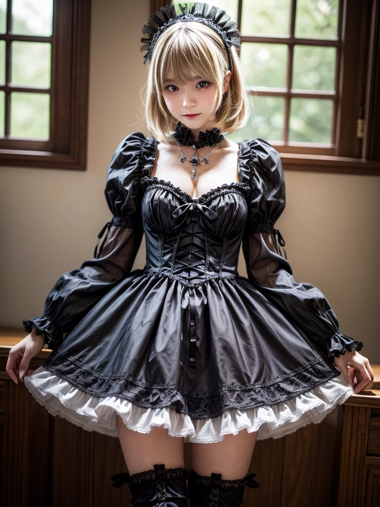 (8K, Photorealistic, Raw photo, of the highest quality: 1.3), (1girl in), Super beautiful, (Realistic face), (boyish, Silver Color Berry Shorthair), Beautiful , Glare that captivates the viewer, Beautiful expression, Beautiful breasts, (Realistic skin), Be...Super high quality, super high definition, super detailed, masterpiece, 20years old, female, cute, perfect face, beautiful, nice body, gothic lolita clothes, gothic lolita fashion, frilly skirt, headdress, necklace, bracelet, knee-high socks, boots, double eyelids, tear bags, Detailed down to the fingers, photo-like description, indoors, dim indoor lighting, blonde hair, short bob, standing, whole body, composition that shows the whole body, smiling