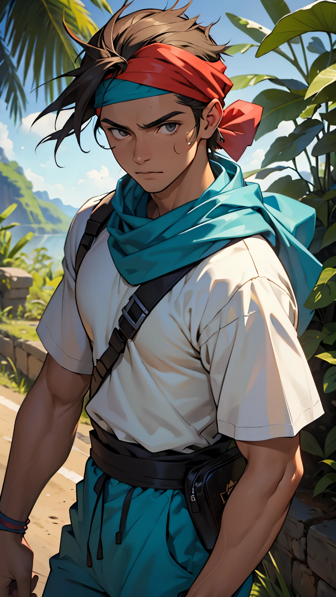 Um jovem determinado, with a bandana on his head, corre por uma floresta densa. Ele deve parecer determinado, with a bandana on his head e trajes típicos de um herói de anime (talvez uma roupa de artes marciais ou de aventureiro). Folhas e galhos se movendo ao seu redor enquanto ele corre rapidamente. Expression of determination on the face.