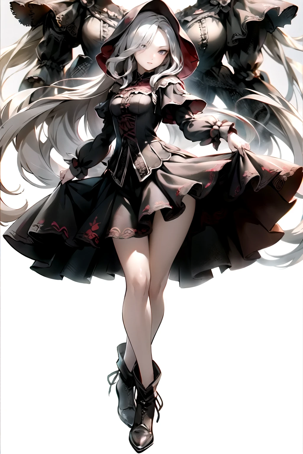 (((masutepiece, of the highest quality, super detailed))), full body, whole body, hand drawn style, hand painted style, watercolour, sketch, a knight, white background, plain background, Bloodborne inspired, tatty Bloodborne attire, occult aesthetic, occult, tatty red and white clothing detailed and intricate steampunk and detailed gothic ta (with a hood), diadems, long coat, Complex laced boots, Fluttering lace flared long knee length dress with frilly petticoats, long dress, knee length dress, pleated petticoats, loliress, petticoats gothic lolita, tiful small breasts, (((( Highly detailed face))), small thin nose, Small thin lips mouth, (((Very sharp focused eyes))), Very large slit precision pale grey eyes that shine like jewels. very long eyelashes, Silver hair swaying in the wind, Emitting a dazzling light in a mandala pattern, white background, Very dramatic and cinematic lighting, tatty damaged old red and white clothing, full body, whole body, body, cosmic horror, grim dark, lolita dressthic, lolita petticoatloodborne attire petticoats, full body, whole body, Bloodborne inspired