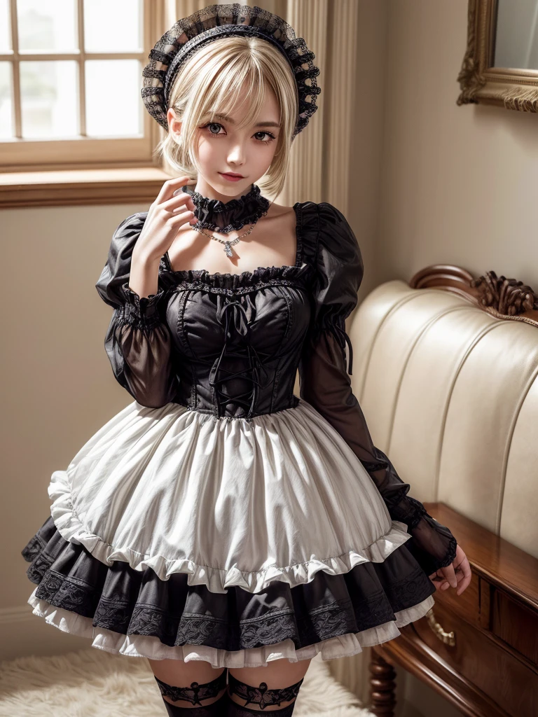 (8K, Photorealistic, Raw photo, of the highest quality: 1.3), (1girl in), Super beautiful, (Realistic face), (boyish, Silver Color Berry Shorthair), Beautiful , Glare that captivates the viewer, Beautiful expression, Beautiful breasts, (Realistic skin), Be...Super high quality, super high definition, super detailed, masterpiece, 20years old, female, cute, perfect face, beautiful, nice body, gothic lolita clothes, gothic lolita fashion, frilly skirt, headdress, necklace, bracelet, knee-high socks, boots, double eyelids, tear bags, Detailed down to the fingers, photo-like description, indoors, dim indoor lighting, blonde hair, short bob, standing, whole body, composition that shows the whole body, smiling