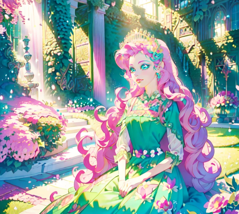 Fluttershy, fluttershy from equestria girls, fluttershy in the form of a young woman, lush breast, (pink long wavy hair:1.5), soft sweet shy smile, flowers, butterflies, (top quality, masterpiece, ultra-realistic), ((indoor in a green botanical garden:1.5)), dome, lots of flowers, dense mass plants, ((the background landscape is a garden with petals)), Dahlia peony flowers everywhere, turquoise eyes, ((green dress with butterflies patterns on it)), butterfly hair clip, detailed lighting, sunlight, ((yellow pure light)), sitting, heavenly plants, hanging flower pots, pink and green flowers everywhere, flower crown, green glass dome, extremely long hair, (light yellow skin 1.5), yellow pony ears, golden lighting, LAVENDER FLOWER EVERYWHERE, LILAC FLOWERS EVERYWHERE, pink roses everywhere, PINK HAIR PINK HAIR PINK HAIR, ((WATER FALLS)), so much foliage:1.5, bushes full of flowers, ONE CHARACTER, SOLO, alone