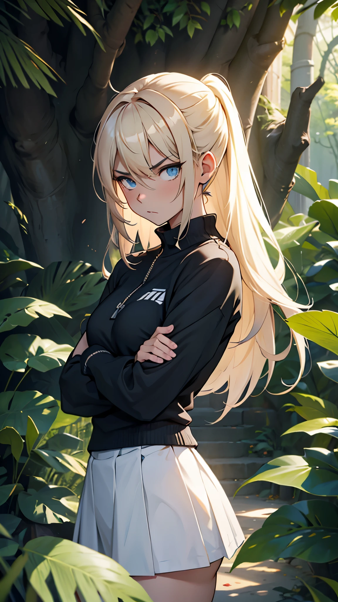 O jovem chega a uma clareira iluminada, where a tsundere-looking girl is waiting. The girl must have an impatient posture, maybe with arms crossed. A clareira deve ser contrastante com a floresta, mais iluminada e aberta. The girl must have typical tsundere traits., like long hair and an initially irritated expression, mas com um leve rubor nas bochechas.