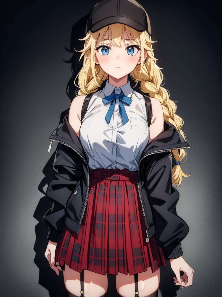 (((grayscale)))(masterpiece:1.2, best quality), (graffiti wall:1.15), super fine illustration,vibrant colors, masterpiece, sharp focus, best quality, depth of field, cinematic lighting,ultra detaile,a character dressed as a girl with blonde hair and a hat on, 1girl, solo, skirt, hat, blue eyes, braid, blonde hair, thighhighs, long hair, shirt tucked in, baseball cap, looking at viewer, jacket, twin braids, black headwear, breasts, garter straps, white shirt, open clothes, shirt, red skirt, open jacket, black thighhighs, long sleeves, plaid skirt, plaid, blush, cowboy shot, off shoulder, bangs, pleated skirt,Eiko Tsukimi, blue eyes, braid, twin braid,(((blonde hair))),baseball cap,