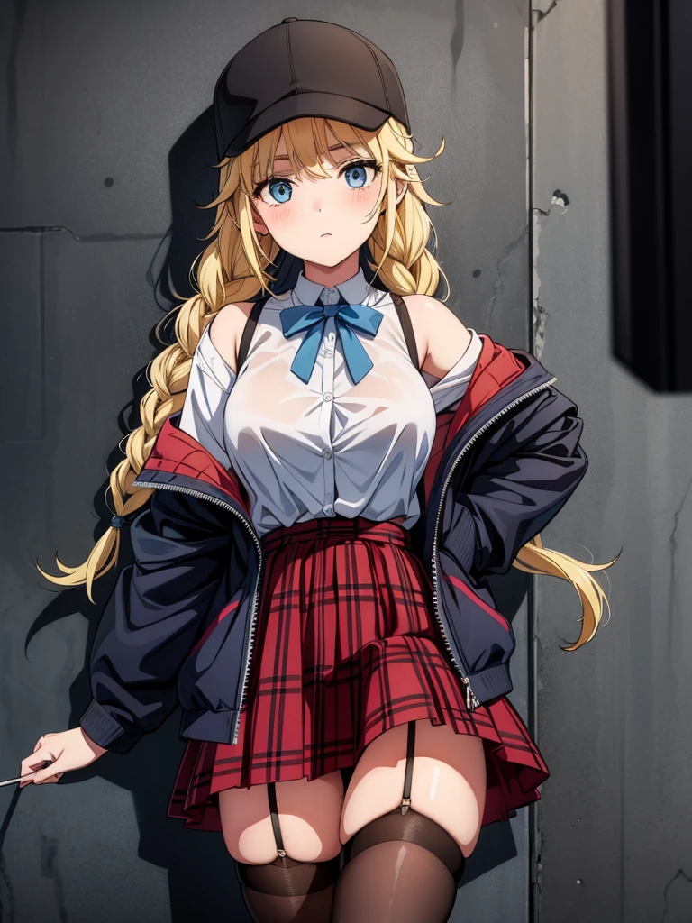 (((grayscale)))(masterpiece:1.2, best quality), (graffiti wall:1.15), super fine illustration,vibrant colors, masterpiece, sharp focus, best quality, depth of field, cinematic lighting,ultra detaile,a character dressed as a girl with blonde hair and a hat on, 1girl, solo, skirt, hat, blue eyes, braid, blonde hair, thighhighs, long hair, shirt tucked in, baseball cap, looking at viewer, jacket, twin braids, black headwear, breasts, garter straps, white shirt, open clothes, shirt, red skirt, open jacket, black thighhighs, long sleeves, plaid skirt, plaid, blush, cowboy shot, off shoulder, bangs, pleated skirt,Eiko Tsukimi, blue eyes, braid, twin braid,(((blonde hair))),baseball cap,