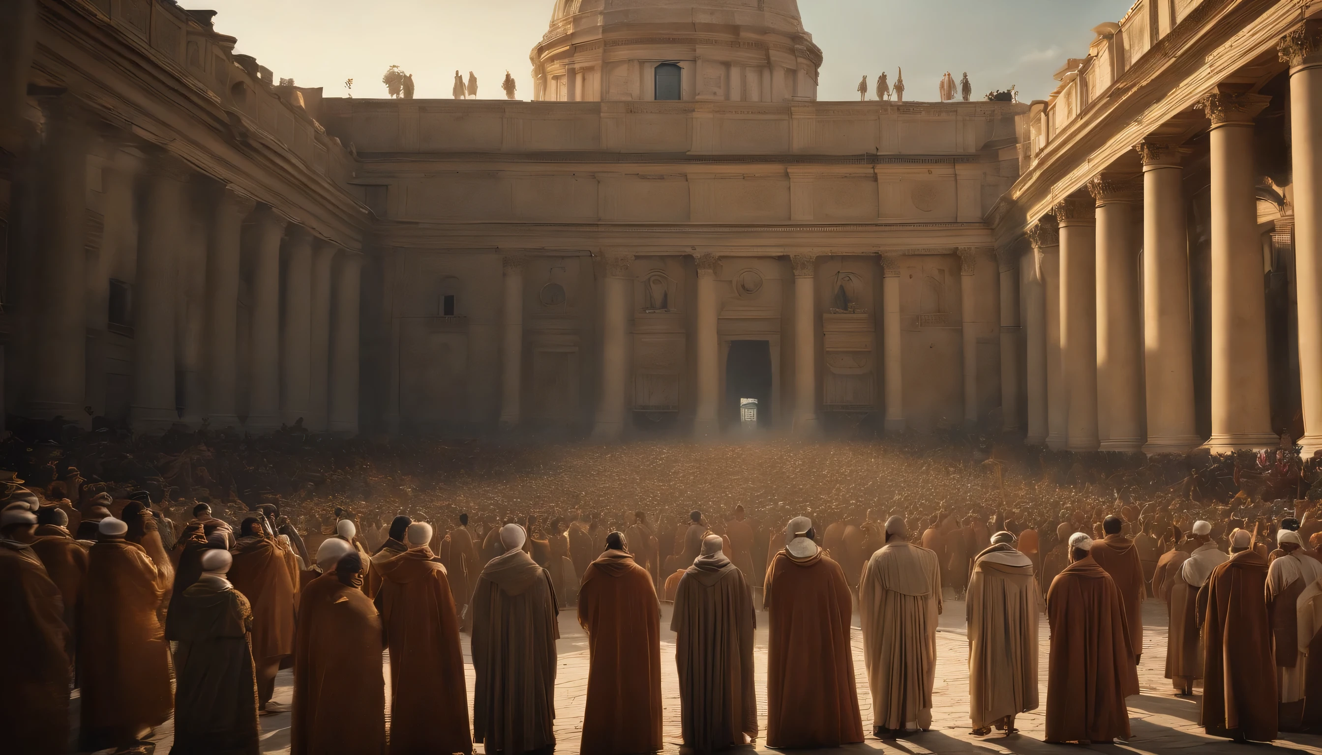 a painting of a large crowd of people surrounding a large building, sacred ceremony, reis antigos em vestes brancas, golden gates of heaven!!!!!!!!, adoration of the pope, muitas pessoas adorando, Tabernacle Deep Focus, Lugar sagrado, the temple of truth is white, vestes brancas douradas, cena palaciana, bible illustration, Vista completa, povo