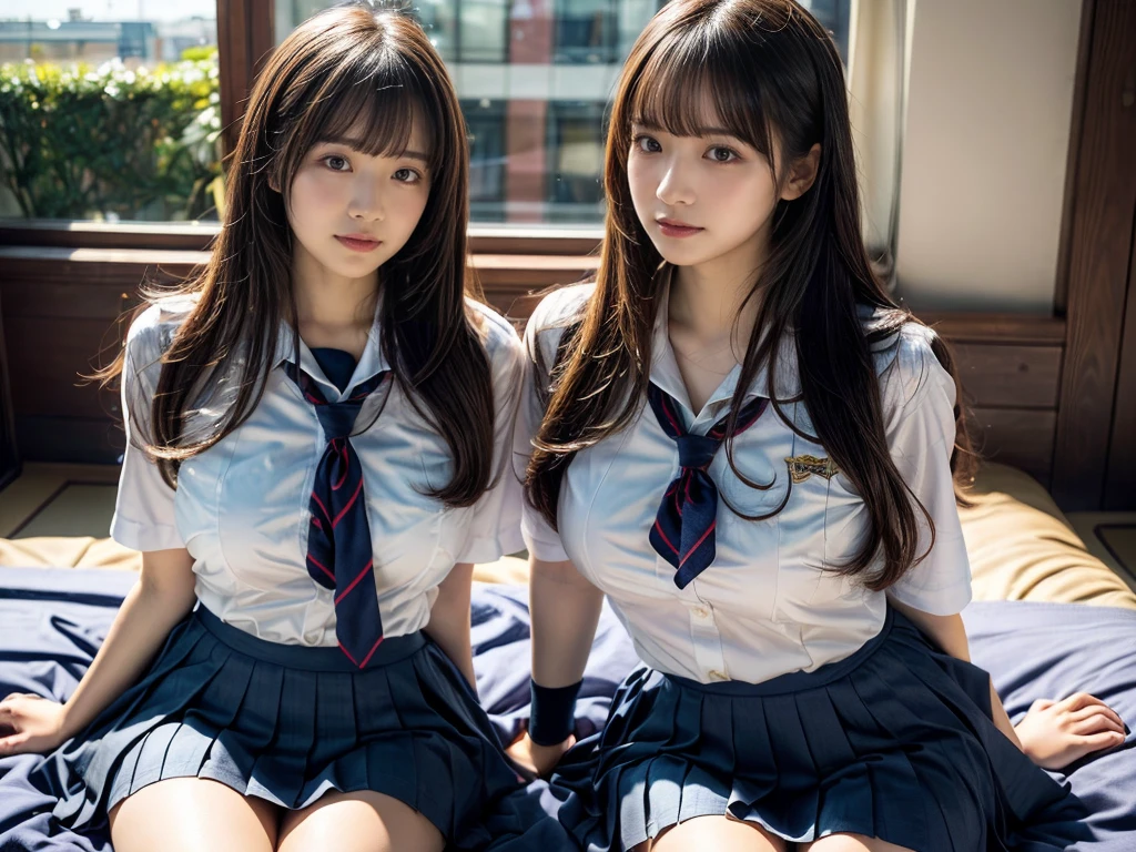 (RAW photo, 4k, masterpiece, high resolution, extremely complex) (realistic: 1.4), cinematic lighting
((2 girls, 2 girls)),Slam Dunk's,blushing,((innocent)),(Dark makeup),bright eyes,round eyes,blunt bangs,(straight hair:1.3),black hair,large breasts,wide hips,Summer Noon, 20 year old girl、cute type、lolita,Hot, (Best Quality), (Highres), (an Extremely Delicate and Beautiful),(Beautiful 8k face),(Brown eyes),short bob hair,( spectators),(gigantic breasts),(Play with each other,Touching each other's bodies,Touching the body),(Japanese high school uniform:1.3),blue skirt,(reality),bright lighting,(The background is a luxury hotel room)