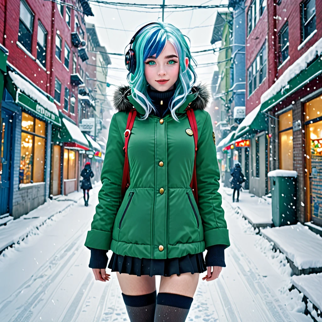 best quality,ultra high res,1girl wears mini,solo,full body,snow,city,, blue hair,green eyes,jk