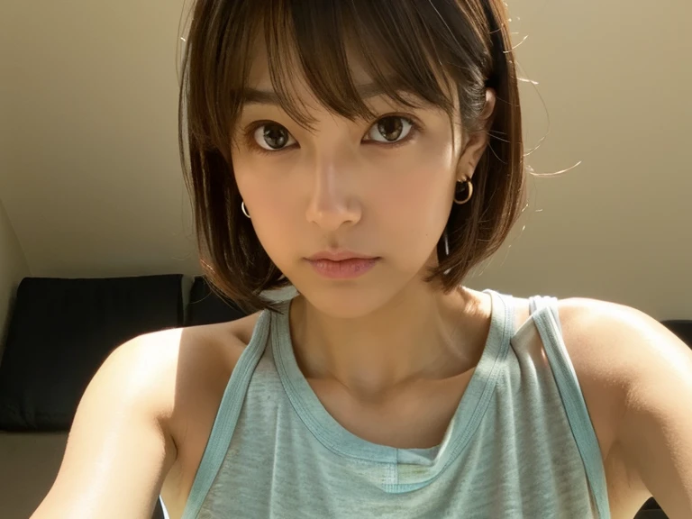 Look into the eyes, Eye contact, Front of face, Front face, face, head, Cross-legged, indoor, Brown Hair, bangs, Light clothing, Tank top, Sweat, Sweatだく, Sweatばみ, clavicle, Cross-legged, Light from below, Chest, Earrings