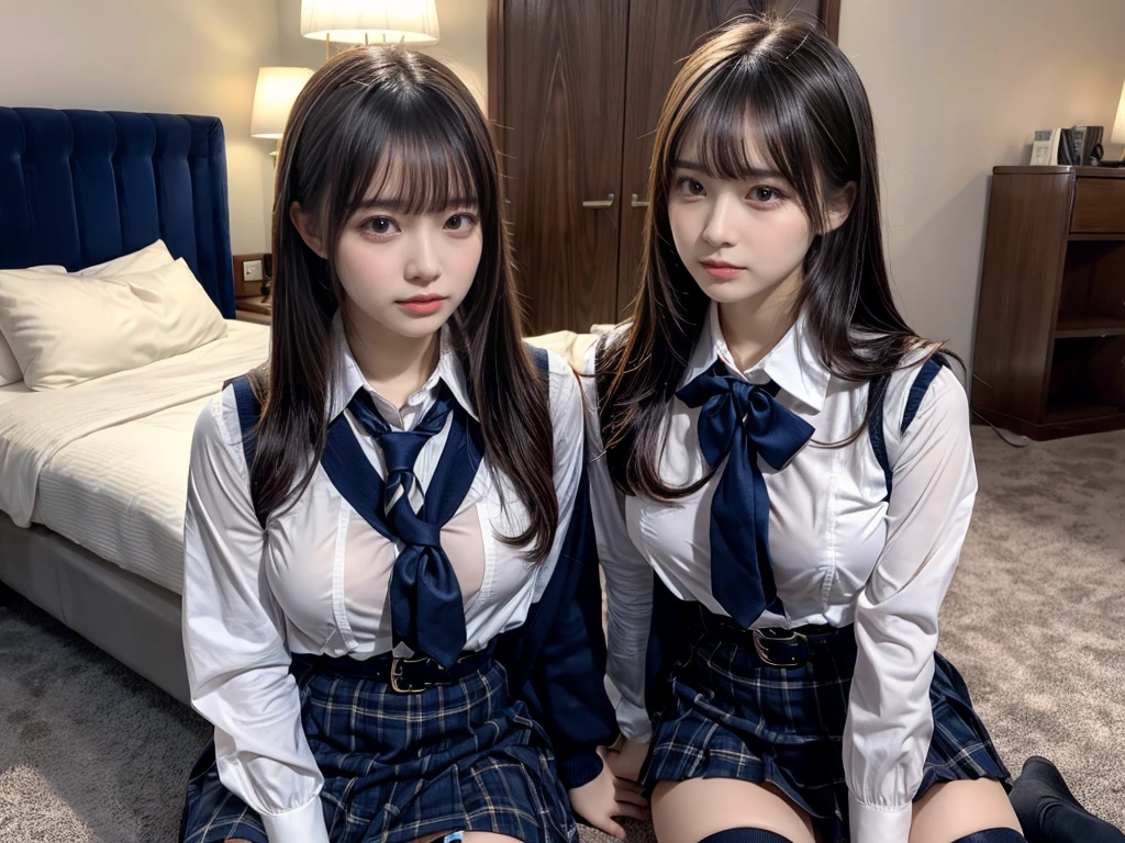 (8K, Raw photography, top-quality, masterpiece:1.2), master piece, best quality, illustration, Super detailed, fine details, High resolution, 8K,wall paper, perfect dynamic composition,(Details High quality, realistic depiction of eyes:1.3), ((2 girls, 2 schoolgirls)), The background is a luxury hotel room、High school girl uniform、blazer 、Super Short Check Uniform Skirt、Navy blue high socks、garterbelts、Colossal tits、Disturbed uniform, Play with each other,Touching each other's bodies,Touching the body of the girl next door, short bob hair, black hair color, huge breasts, Big Natural Color Lip, bold sexy pose, (perfect body shape), crying a little、cold gaze, Beautiful makeup,glitter makeup,Cutest 18 years old, beautiful legs, hposing Gravure Idol, Voluptuous thighs