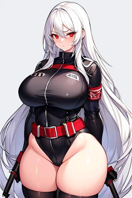 1girl, white hair, long hair, red eyes, serious, glowing eyes, large breasts, thick thighs, mature female, athletic female, toned, leotard, black leotard, thighhighs, belt, knife