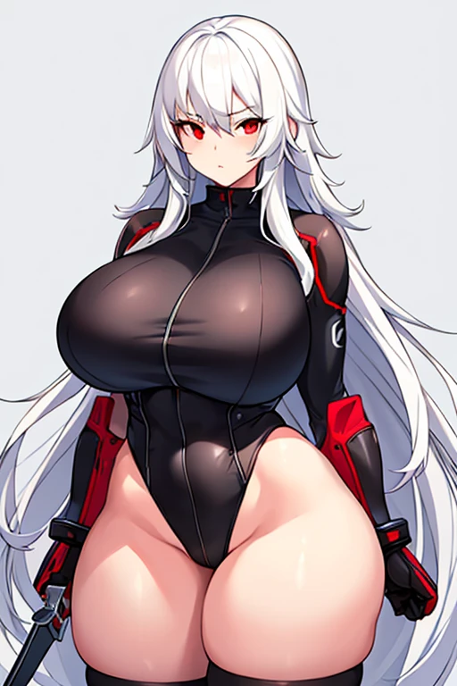 1girl, white hair, long hair, red eyes, serious, glowing eyes, large breasts, thick thighs, mature female, athletic female, toned, leotard, black leotard, thighhighs, belt, knife