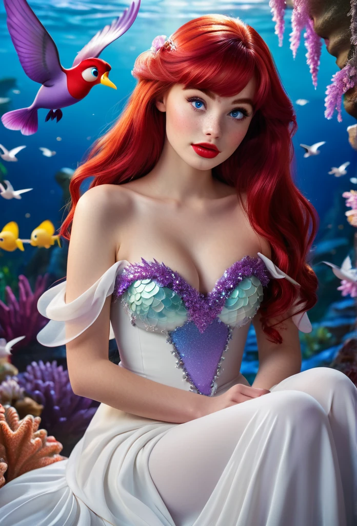photography, high detail, realistic, ((The little mermaid character also known as the Ariel in Walt Disney))Red long Hair. Red Bangs, Blue large eyes. Red pink lips, slender body. Slender legs. WEARING white and purple mix?sparking One shoulder strap dress. Sitting on a large giant white Clam. ((Surrounded by white fluttering humming birds))