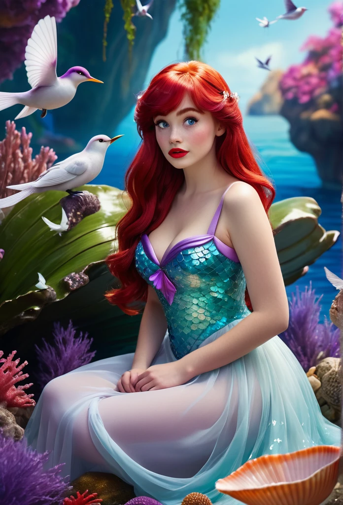 photography, high detail, realistic, ((The little mermaid character also known as the Ariel in Walt Disney))Red long Hair. Red Bangs, Blue large eyes. Red pink lips, slender body. Slender legs. WEARING white and purple mix?sparking One shoulder strap dress. Sitting on a large giant white Clam. ((Surrounded by white fluttering humming birds))