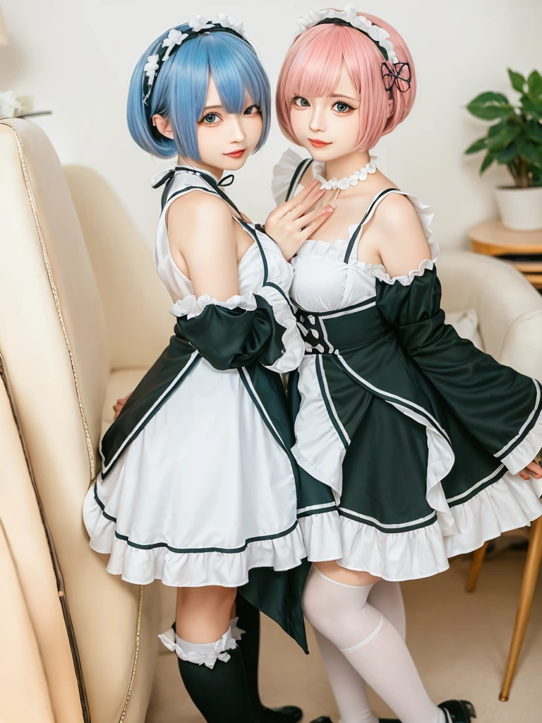 Accurate depiction with high resolution,(8K, Photorealistic, Raw photo, of the highest quality: 1.3), (1girl in), Super beautiful, (Realistic face), (boyish, pink Color Berry Shorthair), Beautiful , Glare that captivates the viewer, Beautiful expression, Beautiful breasts, (Realistic skin), Be...Create a detailed and colorful image of Ram and Rem from Re:Zero, standing back-to-back in their maid outfits, with a magical fantasy background、14years old, two girls,cute, perfect face, beautiful, nice body, gothic lolita clothes, gothic lolita fashion, frilly skirt, headdress, necklace, bracelet, knee-high socks, boots, double eyelids, tear bags, Detailed down to the fingers, photo-like description, indoors, dim indoor lighting, one girl is pink hair and short bob, another girl is light blue hair and short bob,standing,whole body, composition that shows the whole body, smiling,The Both of them are wearing the same type of maid outfit,Even the fingers are clearly depicted