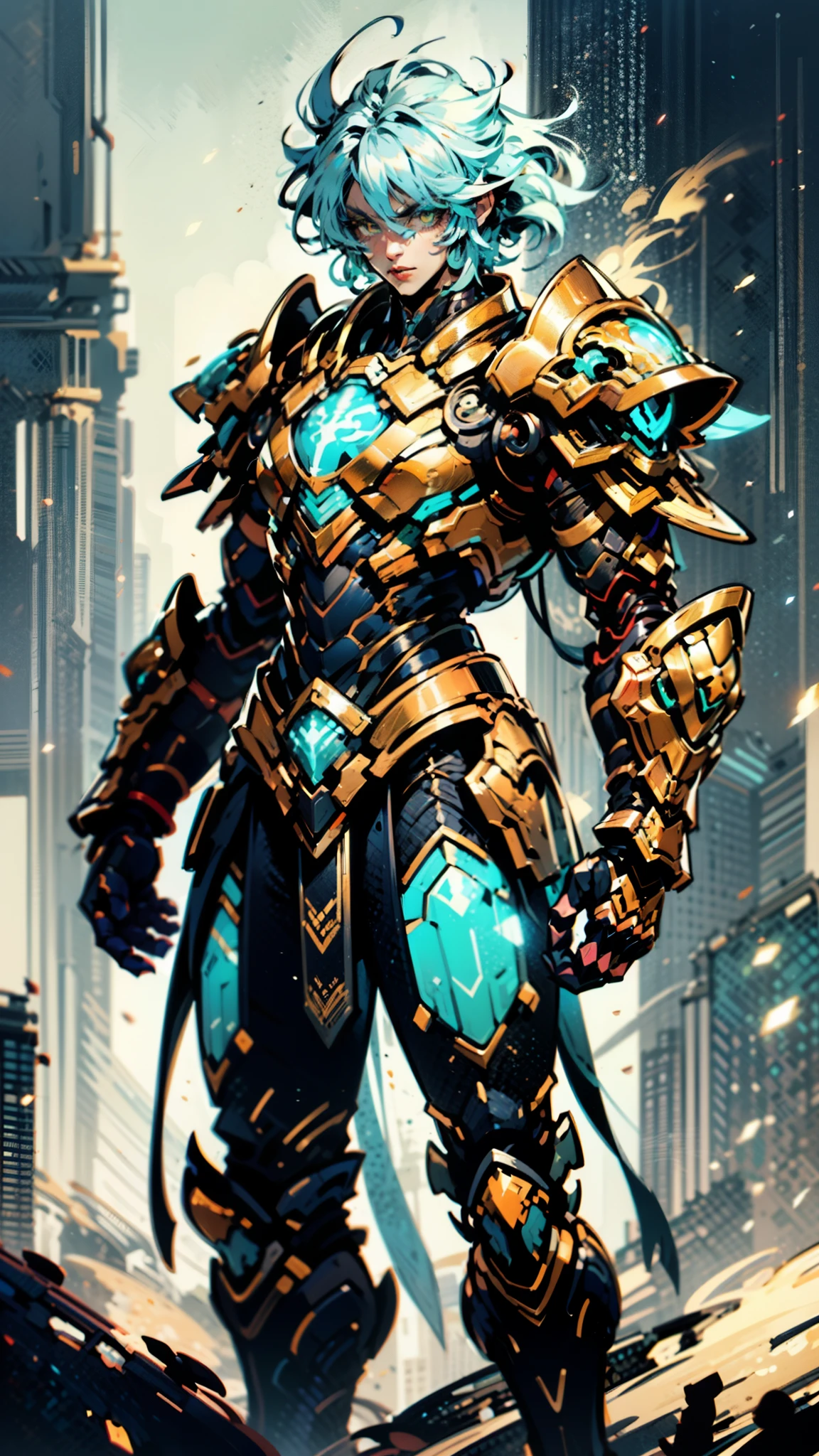 A man wearing a full-face helmet, a fantasy-style biotech armored combat suit, green eyes, (a composite layered chest armor), fully enclosed shoulder guards, matching arm and leg guards, the belt is adorned with cross, (the color scheme is primarily white with green and golden accents), the design balances heavy with agility, a high-tech bio-mecha armor, (Armor Concept Inspired by Paladin, stand on the top of a skyscraper in a futuristic sci-fi city), this character embodies a finely crafted fantasy-surreal style armored hero in anime style, exquisite and mature manga art style, (battle damage, element, plasma, energy, the armor glows), ((male:1.5)), metallic, real texture material, dramatic, high definition, best quality, highres, ultra-detailed, ultra-fine painting, extremely delicate, professional, perfect body proportions, golden ratio, anatomically correct, symmetrical face, extremely detailed eyes and face, high quality eyes, creativity, RAW photo, UHD, 32k, Natural light, cinematic lighting, masterpiece-anatomy-perfect, masterpiece:1.5