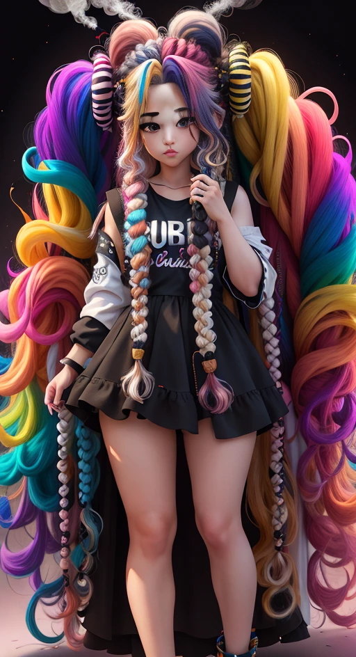 (chibi:1.5),(full bodyesbian:1.2), (Smokexxx:1.4), 1girl with really wild hair, (Multicolored wavy hair:1.2), (two long braids:1.2), (long wild hair:1.2), (O cabelo multicolorido: 1.9), Wearing a long skirt, highly contrast, epic cinematic, soft studio lights, ring light, Absurde, amazing, funny, Itricado, Hyper-detailing, A hyper-realistic, Soft colors, 8K