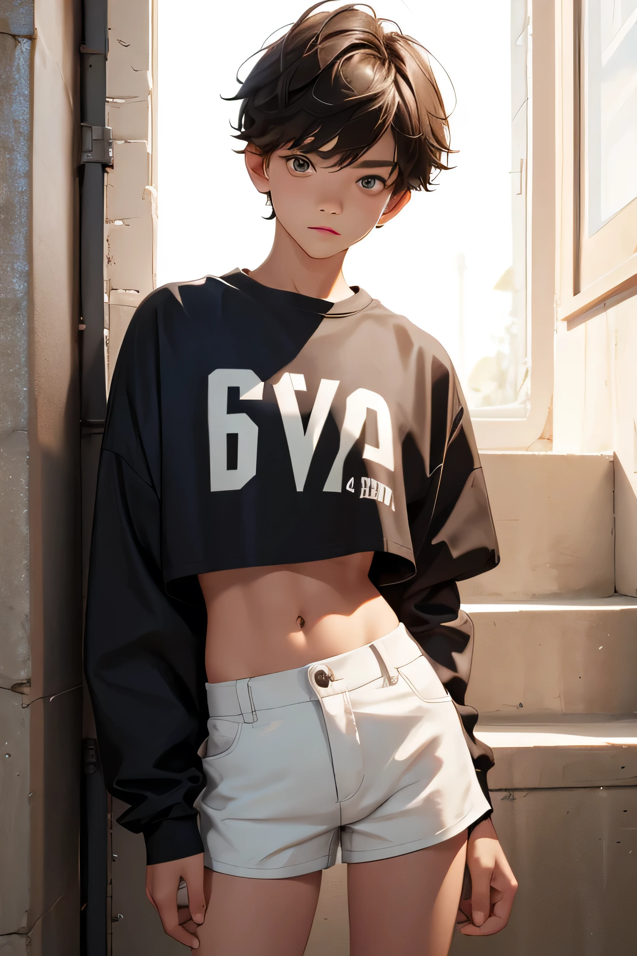 boy-model 14 yy wears a crop shirt and too very short mini shorts, beautiful legs, hot summer, highest quality,