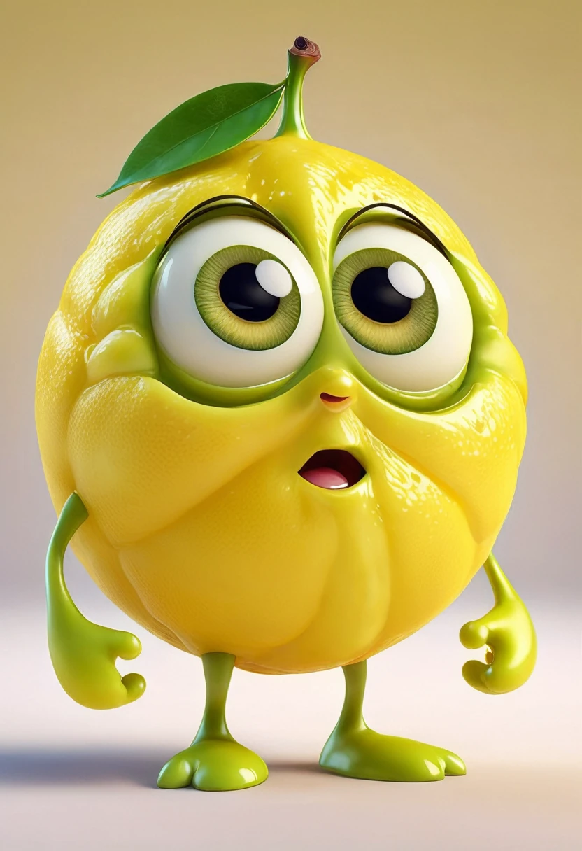 Close-up of a cute cartoon style lemon with hands and feet (Hand holding sliced lemon),A lemon cartoon character with a sour expression on his face and big eyes. Pixar-style extremely delicate texture. Expressive eyes and facial features. Clear and detailed animation. High-quality cartoon character.