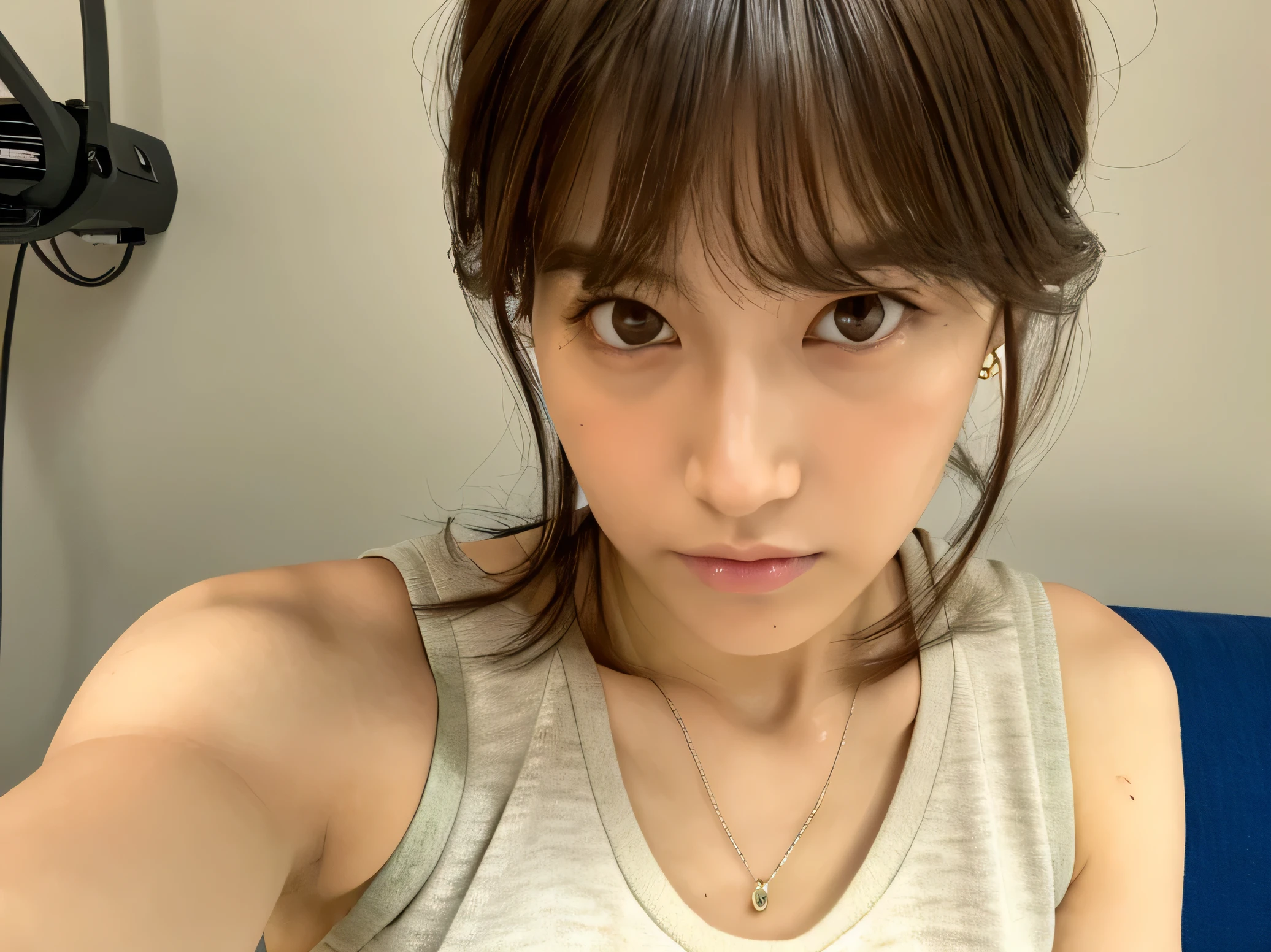 Look into the eyes, Eye contact, Front of face, Front face, face, head, Cross-legged, indoor, Brown Hair, bangs, Light clothing, Tank top, Sweat, Sweaty, Sweaty, clavicle, Cross-legged, Light from below, Chest, Earrings