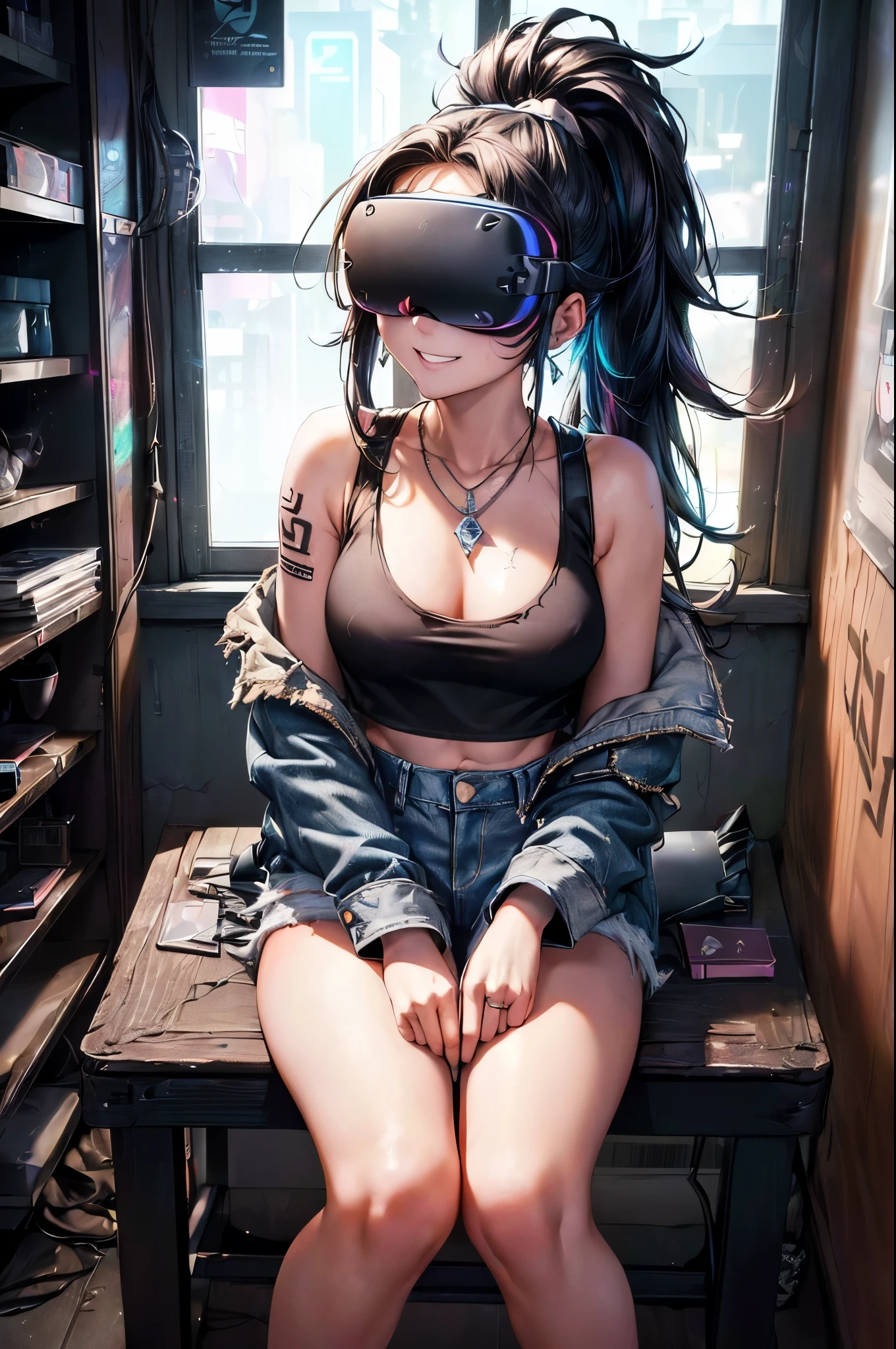 最high quality、Best image quality、masterpiece、girl((20 years old、 by becoming、vest bust、medium bust,Big chest tea、shining eyes, neon hair、long hair、thin,highest valley、ponytail、Distressed denim shorts、Black crop top shirt、Distressed denim jacket、Smile、Full body, tattoos,Diamond earrings、wristband、necklace、sit on the chair、Have a vr eye-mask、VR game Playing、Leaning forward、elated)),high quality、beautiful art、background((Hacker Room、Server room、neon lights、Bracket、notebook))、flight、debris flying、writing border depth、Movie、visual art、Perfect art、8K,real、