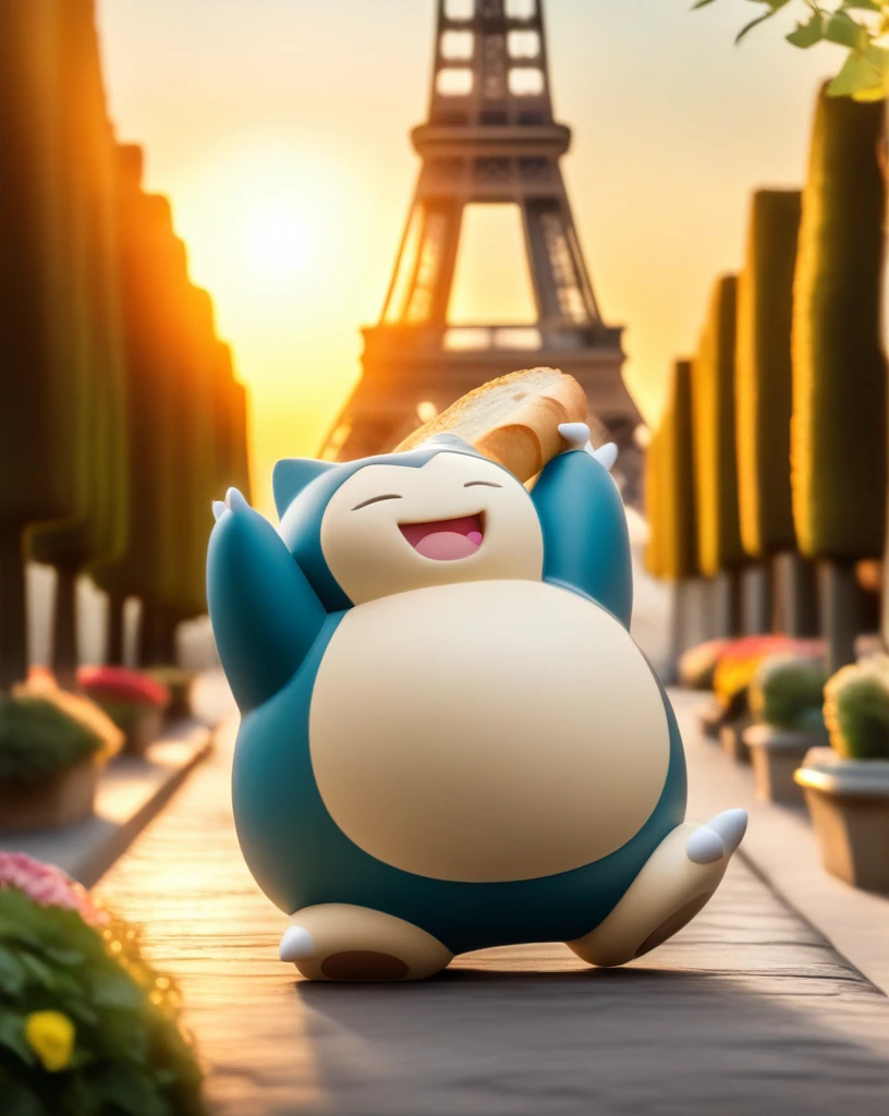 Snorlax, standing, holding baguette.
Eiffel tower.
 