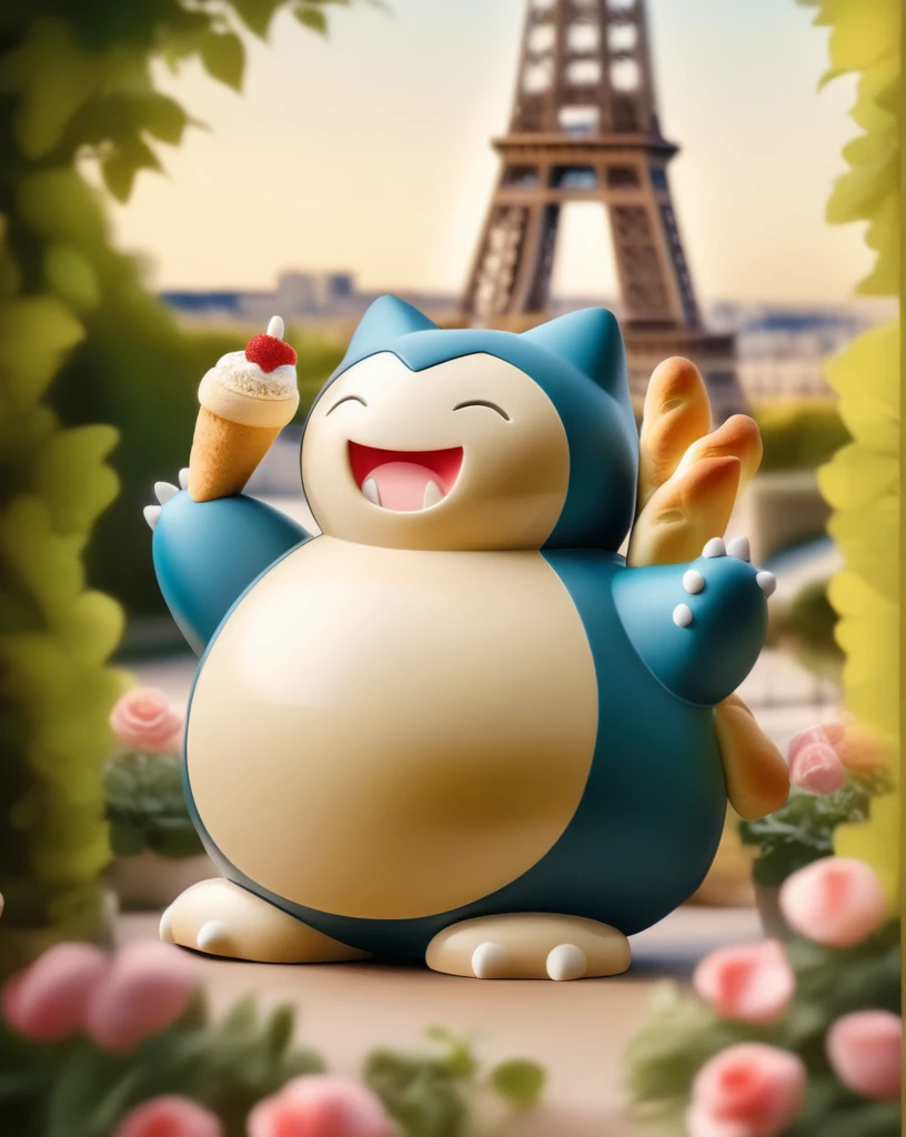 Snorlax, standing, holding baguette.
Eiffel tower.
 