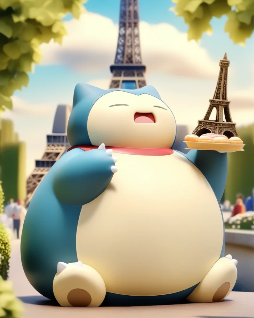 Snorlax, standing, holding baguette.
Eiffel tower.
 