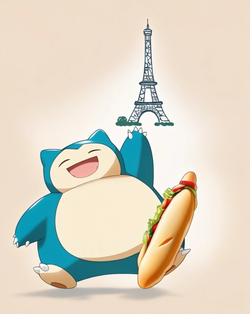 Snorlax, standing, holding baguette.
Eiffel tower.
 