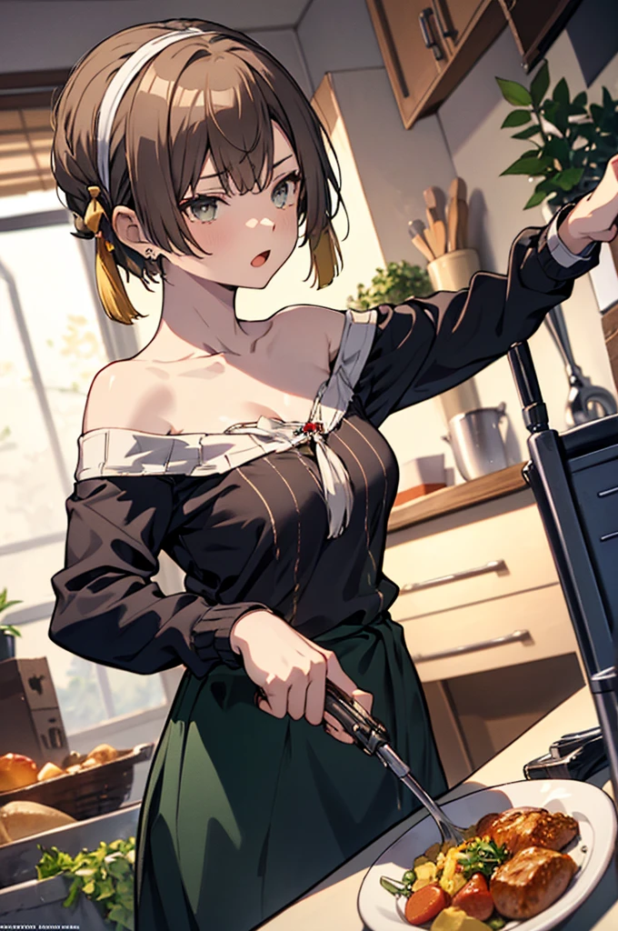 (small breasts:1.2), (perky chest:1.1), (pointed chest:1.0), (hand gun magazine cover:1.3)，(from below:1.2),(from side:0.9),masterpiece, 1girl, Amazing Cleavage:1.1, thin waist, big ass, Raised sexy, small breast: 1.2, posed cleavage:1.2、solo, open mouth, have a cute grass of cute beergrass,black hair, dark green eyes, dress, bare shoulders, jewelry, collarbone, sidelocks, hairband, earrings, indoors, off shoulder, sweater, arms behind back, plant, short hair with long locks, gild hairband, sweater dress:1.2, off-shoulder sweater, red sweater, dark gord hair, big side hair, very long side hair,is rendered in (masterpiece: 1.2, best quality), with (ultra high resolution) and an exquisite (depth of field). This masterpiece is not only visually stunning but also tells,A scene of cooking in the kitchen by classroom ,looking at viewer, 