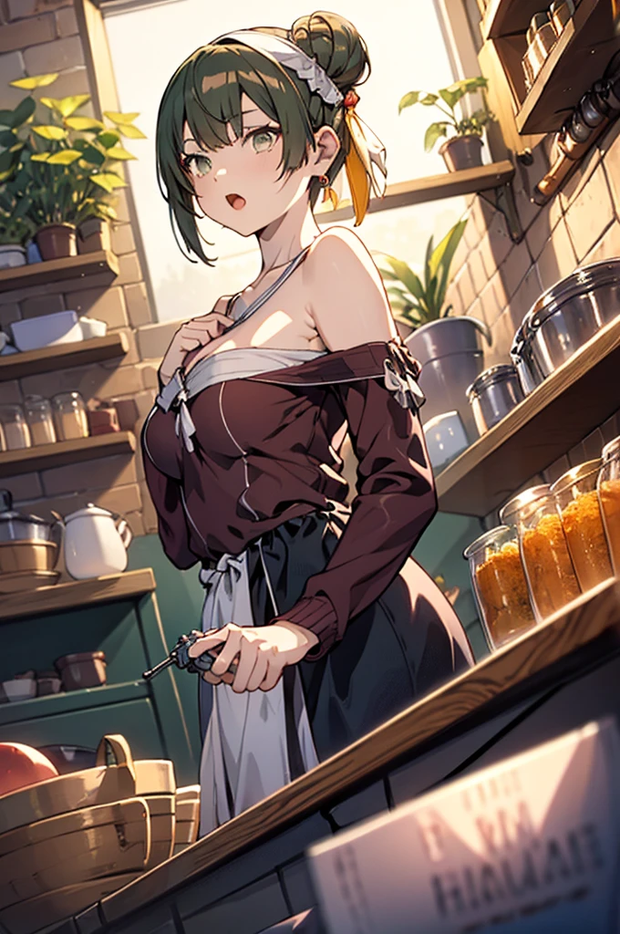 but short, Red hair, 5 fingers on each hand, yellow latex gloves, green dress, White apron, Sexy black stockings, garter belt in each stocking, panty roja sexy, you can see her naked breasts, annoyed, shows teeth, in a kitchen, semen drips from her red pantie, splashed with semen on her breasts. mira de frente muy annoyed, blushing.