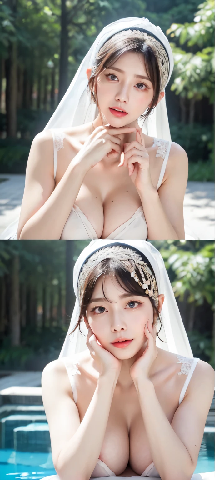 Threesome girls, wear hijabs, ((Best quality, 8k, Masterpiece :1.37), multiple people wear hijab, Big Breasts:1.5, (three girl hijabs moslem), Beautiful face, (Ultra-HD Face), Face Lighting, Lips laughed lightly, position:Standing, (close up photo), (three girls wear hijab muslim), wear hijab muslim, (Undressing Nude figure: 1.2), small pussy, (small pussy), small pussy, Realistic Vagina:1:6, tall building background, (Blue sky view, :1.1), face very detailed, detailed red lips, detailed eyes, (korean eyes), double eyelids, detailed nose, detailed legs, (threesome girls wear hijab moslem), Beautiful Woman with thicc Figure: 1.4、thicc Abs:1.2、Wet Body:1.5、Highly Detailed Face and Skin Texture、Detailed Face、Detailed Eyes、Detailed Lips、Double Eyelids, 70mm, bokeh, ultra realistic, looking at the camera, 1girl, Japanese face, tanned, tan skin, tan line, MILF, 50 years old, wear hijab, laced hijab, bride hijab, earrings, left and right earrings, queen crown, crown, white crown, in pool, pool, sadistic face, wink, moles, thick neck, thicc, side boob, large breasts size, visible nipples, big areolas, lingerie, black lingerie, bride lingerie, laced lingerie, leotard, stocking, laced stocking, weeding ring, middle body shot, women full body, pregnant, tattoo, in front of a forest, forest, formal pose, symmetrical pose, sassy pose, hand in face pose, finger in face pose, hand in cheeks pose, finger in cheeks pose, standing pose.