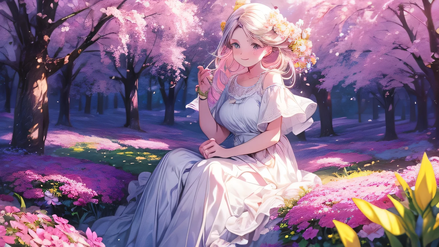 A very charming woman enjoying a lovely spring outing surrounded by beautiful flowers and nature. fullbody, The illustration is a high-definition illustration in 4k resolution, featuring highly detailed facial features .