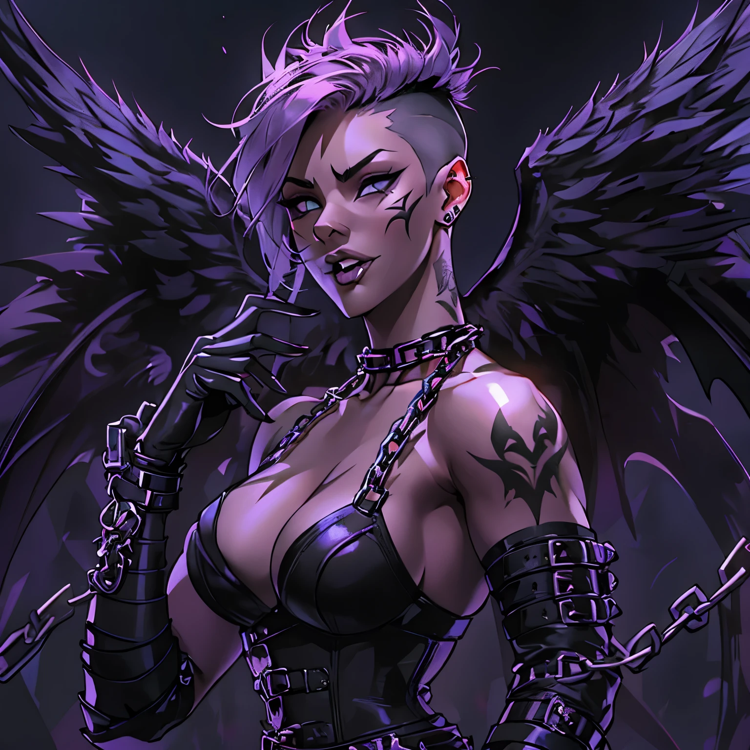 a sexy female succubus,purple bdsm gear, black bustier, black leather belts and chains, very short black spikey mohawk with an undercut ,shine,shadows,shading,beautiful,sexy,high quality,8k,photorealistic,detailed,dramatic lighting,chiaroscuro,dark fantasy,moody,sultry,alluring, portrait, tongue out, has demonic wings, feint aura, glowing tattoos, muscular, butch, masculine, rhea ripley