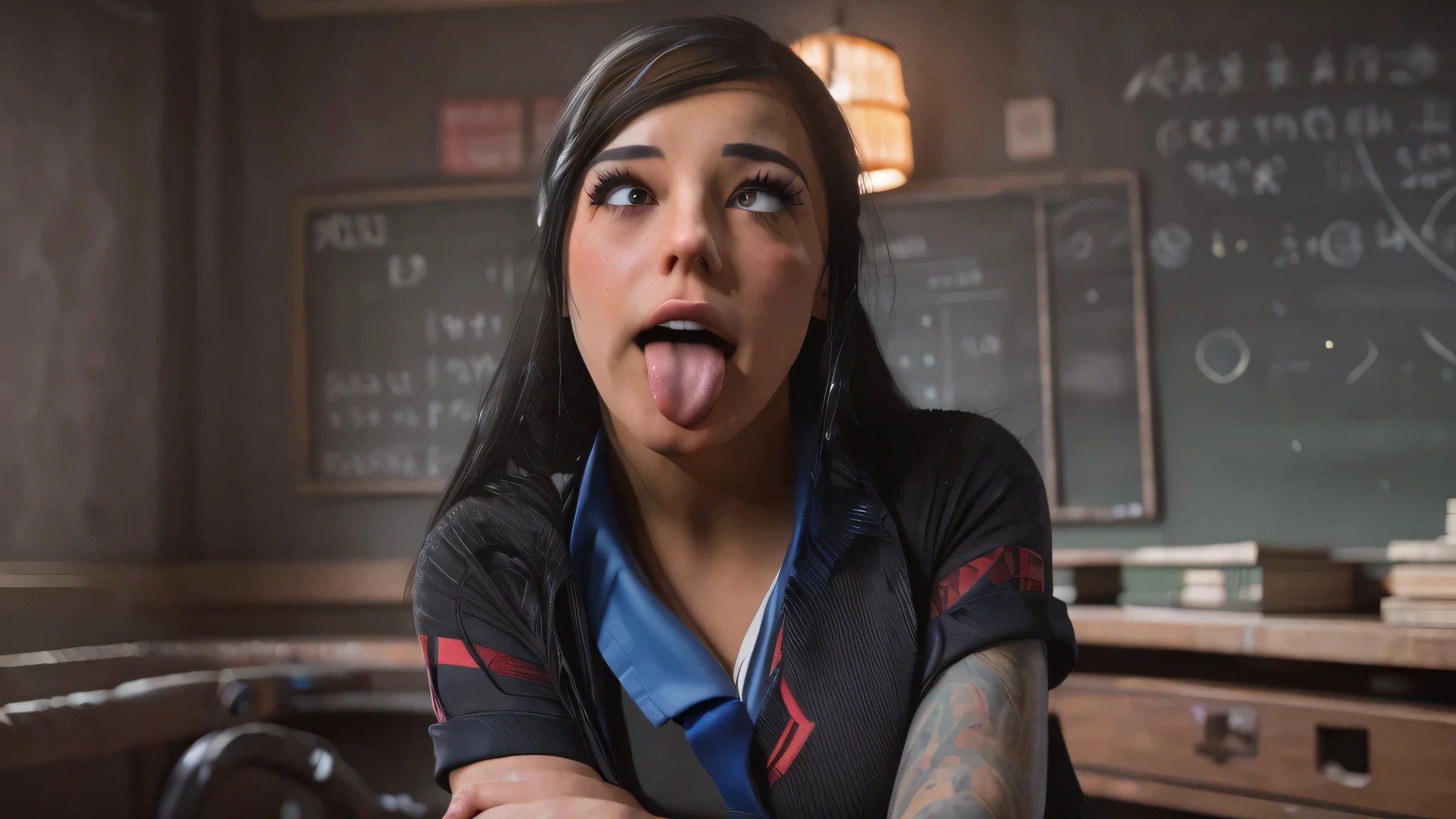 high detail skin, high detail eyes, high detail hair, highres, ultra detailed, sharpen picture, Highly detailed, masterpiece, best quality, photorealistic, Erica, athletic girl, looking at viewer, kneeling locker room, (flirting gaze), open mouth, (from above:1.5), cum on tongue