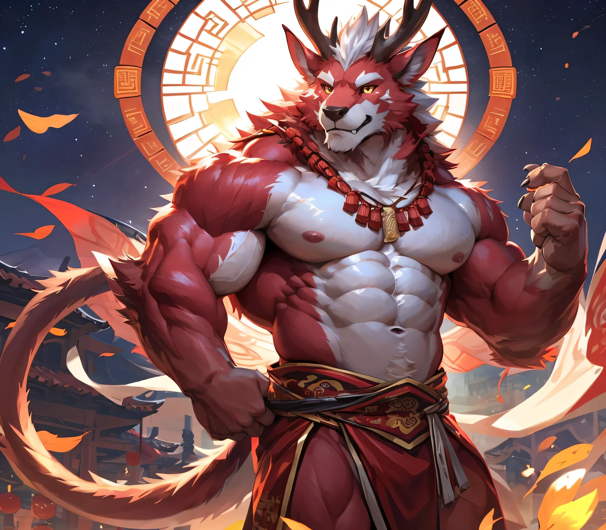 absurdres, ((best quality)), ((masterpiece)), (ultra detailed), perfect face,antro baize:2.5, male , ((deep-crimson fur)), (strong beefy muscular body), (abs, strongmuscles, 8 pack), furry, handsome,Beautiful and delicate eyes, (ultra detailed eyes, yellow color eyes, sharp eyes), mid-autumn festival, night, traditional, detailed scene,full body, (traditional chinese attire), hanfu, shirtless, topless, pink nipples, (by null-ghost, by pino daeni), (full body), wearing random pattern necklace, claws, ((fluffy fur, fluffy, furry body))，(qilin, with antler), majestic, wind blowing, ((white belly), ((long tail)), big fellow, muscular male