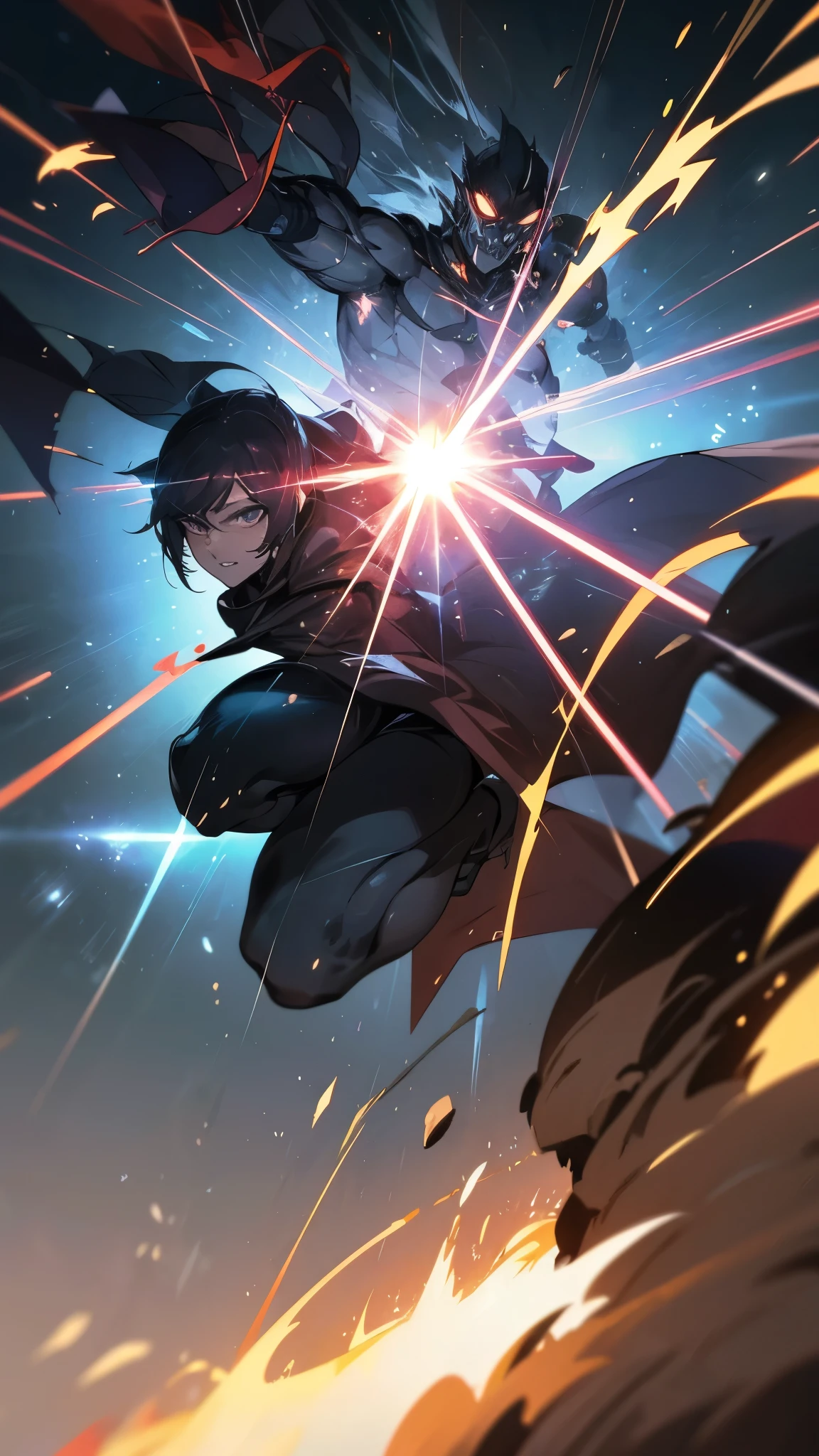 Intense fight scene between the hero and the villain. Rapid movements and flashes of light should dominate the scene. The hero and villain in combat poses, with visual effects like flying sparks and quick hits. The camera may shake slightly to give a sense of movement and intensity.
