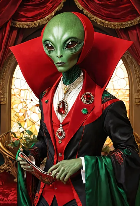 (best quality, masterpiece: 1,1), a fantastic view of an aristocratic alien, a red and black suit, ruby and emerald jewelry, the...