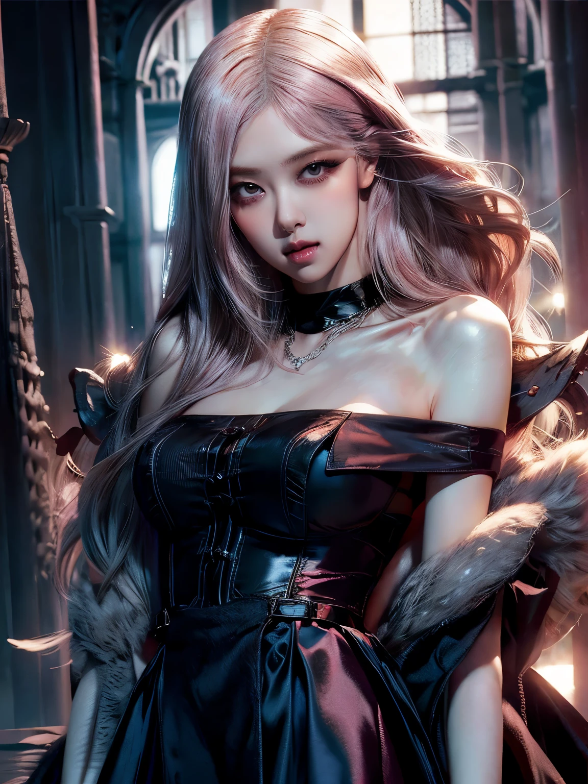 Princess of lightness,pink hair,busty,Glamour,Gorgeous,Jewelry,monochromes,Gothic goddess,light Fantasy,light Venus,erotic posing,Dynamic Posing,Dramatic,Cinematic,Detailed background,Gothic background,light fantastic view,Best Quality,masutepiece,8K,The ultimate detailed light background, Top image quality、RAW photography、超A high resolution、show legs,cropped shoulders,close-up all over the body,Be red in the face,overall look is very erotic。(Hand optimization),(Details are strengthened),(High Picture Quality) An 18-year-old female、Shot for one person only、model shoot、medium breasts、Wearing a black skirt、Beautiful Eyes of Details、Very slender eyes、Beautiful eyelashes、beautiful double eyelid、Very slim physique, Shy, with blush cheeks, Show off