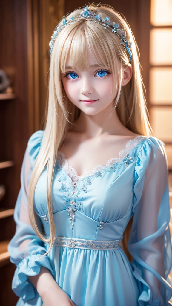 masterpiece, highest quality, figure, Very detailed, Fine details, High resolution, 8K TV Wallpaper, Perfect dynamic composition, Beautifully detailed, large bright light blue eyes, dress,Super Long Straight Blonde Hair, Beautiful bangs between the eyes、Center of chest, Natural color lip, Shy but cheerful expression、-yeld gicute