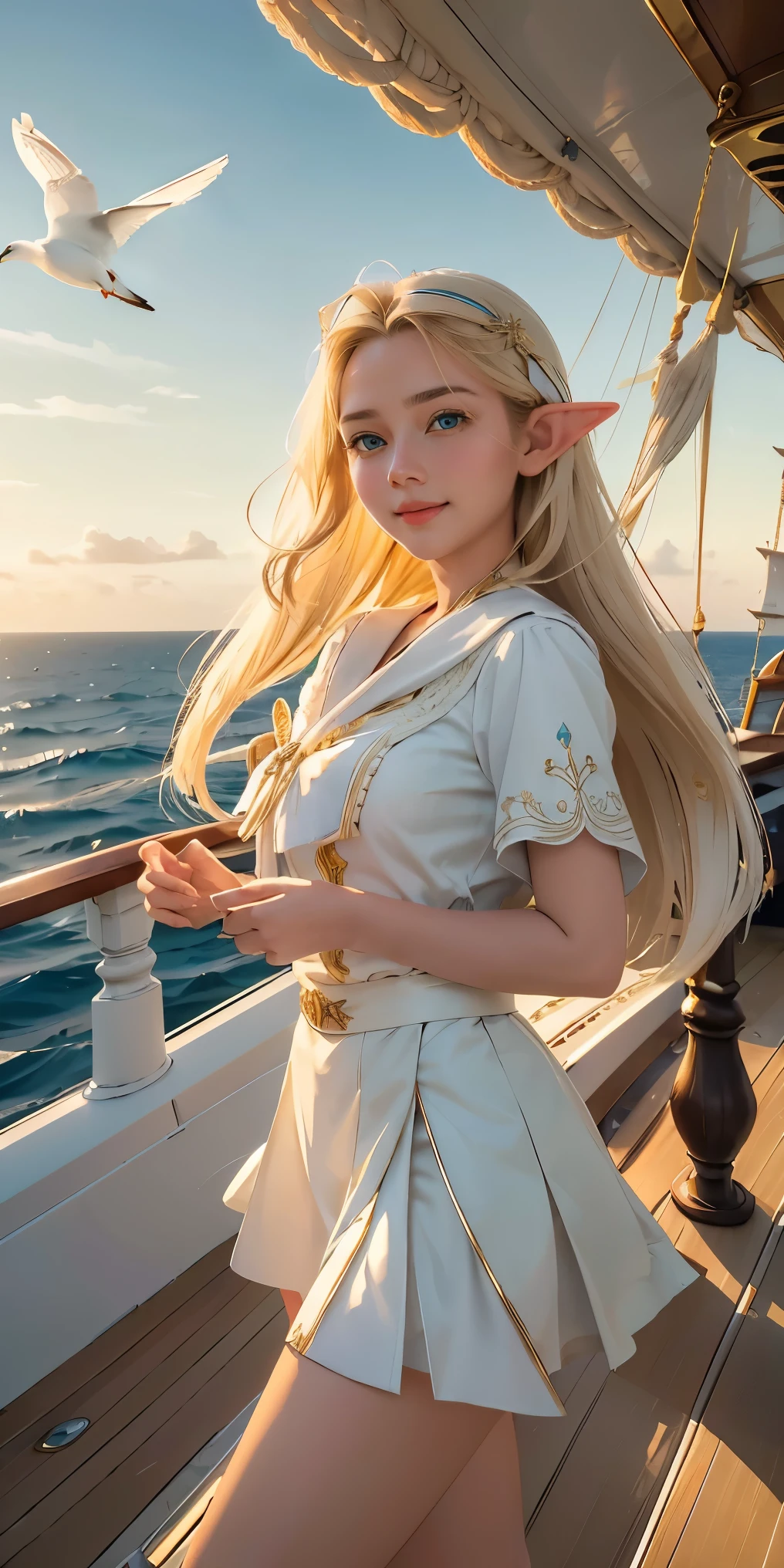 (((Masterpiece, highest quality, high definition, high detail)))), ((((Fantasy))), one, (Elf woman)))), (short skirt of white with gold embroidery), (blonde long straight hair), (glossy dark green eyes), (white ruffled blouse embroidered with gold), big, (((on the deck of a sailing ship at sea)), (vast sea))), (The firmament with clouds visible)), (( Seagulls flying in the sky)), smile, (breeze), particles of light flying