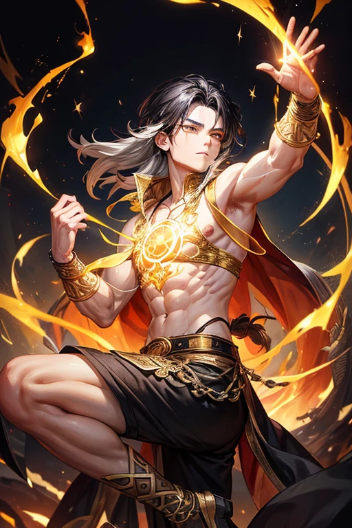 Li Shang, 20 years old, short dark golden black hair, short messy hair, dark black eyes, djinn clothing, light gray sleeveless open vest, light silver vest with golden Arabic print, light silver Arabic pants, golden belt , djinn bracelet with silver gems, brown boots, phosphorescent red tattoos, surrounded by fire and yellow smoke, delegate muscular build, hands tied with chains and feet surrounded by white chains, golden magic circles on each hand on a background of ruins Arabs.