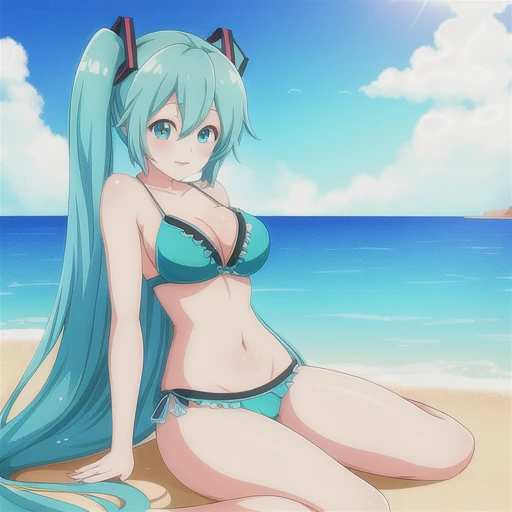 hatsune miku in the beach, cyan bikini
