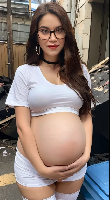 ((midnight, Need, 8K, tmasterpiece:1.3)), A whole body, Long legs, Focalors:1.2, Plump body,perfect figure beautiful woman:1.4,((Dark brown hair, huge tit:1.2 )), ((huge pregnant:1.4)), (Low-cut white T-shirt, Deep V white T-shirt,Skinny white T-shirt,blackstockings,short skirt), ((Garbage heap,favela)), crowd of,refugee,Lots of beggars,Highly detailed facial and skin texture, detailed eyes, double eyelid,wears glasses,crisp breasts,Smile with,Bigger breasts, Wavy hair,crisp breasts,Get wet,Sweat profusely,Red lips,Wear earrings,wearing a choker,Wear a bracelet,orgy,Rejoice,Hot dance,Perfect chest shape,vibrancy,Heaty,wildness