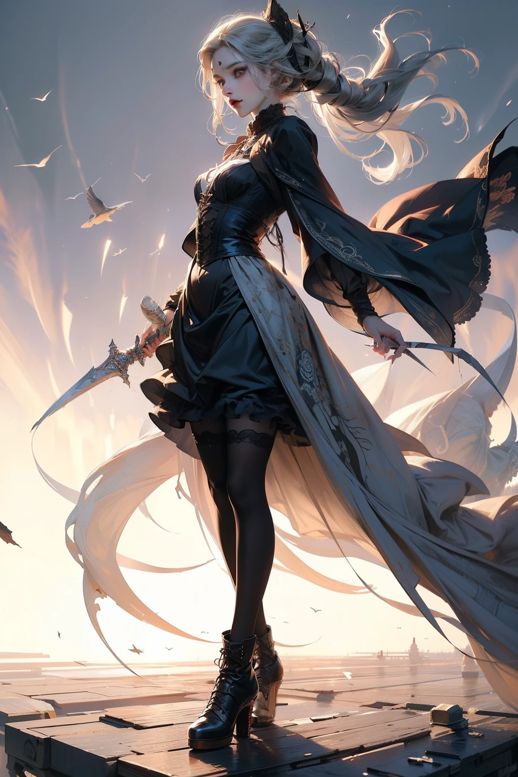 (((masutepiece, of the highest quality, super detailed))), full body, whole body, hand drawn style, hand painted style, watercolour, sketch, a knight, white background, plain background, Bloodborne inspired, tatty Bloodborne attire, occult aesthetic, occult, tatty red and white clothing detailed and intricate steampunk and detailed gothic ta (with a hood), diadems, long coat, Complex laced boots, Fluttering lace flared long knee length dress with frilly petticoats, long dress, knee length dress, pleated petticoats, loliress, petticoats gothic lolita, tiful small breasts, (((( Highly detailed face))), small thin nose, Small thin lips mouth, (((Very sharp focused eyes))), Very large slit precision pale grey eyes that shine like jewels. very long eyelashes, Silver hair swaying in the wind, Emitting a dazzling light in a mandala pattern, white background, Very dramatic and cinematic lighting, tatty damaged old red and white clothing, full body, whole body, body, cosmic horror, grim dark, lolita dressthic, lolita petticoatloodborne attire petticoats, full body, whole body, Bloodborne inspired