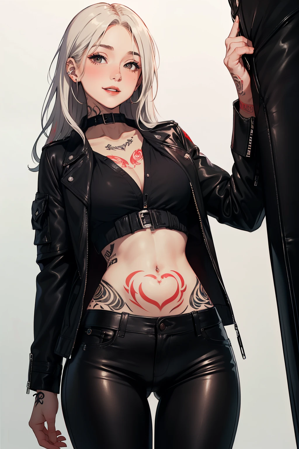 ((Best quality)), ((masterpiece)), (detailed), perfect face, beautiful eighteen year old girl, (very slim and thin, very small breasts, very narrow waist), long white hair, blushes a little and smiles, ((((dressed in a black unbuttoned black jacket and tight lowered leather unbuttoned pants))), ((red cervix crotch tattoo right))